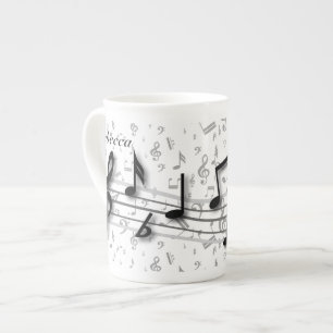 Personalized black and grey musical notes bone china mug