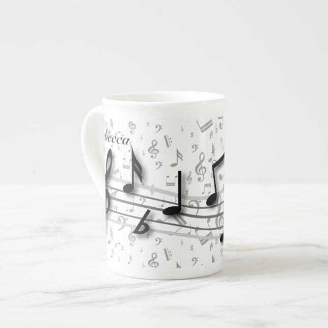 Personalized black and grey musical notes bone china mug (Front Left)