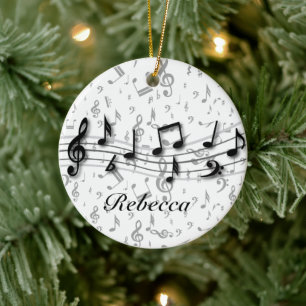 Personalized Black and Grey Musical Notes Ceramic Ornament