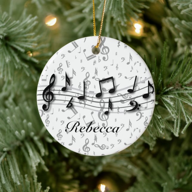 Personalized Black and Grey Musical Notes Ceramic Ornament (Tree)
