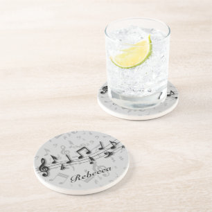 Personalized black and grey musical notes coaster