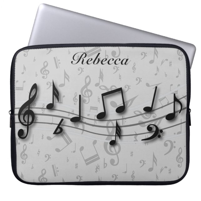Personalized Black and Grey Musical Notes Laptop Sleeve (Front)