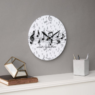 Personalized Black and Grey Musical Notes Large Clock