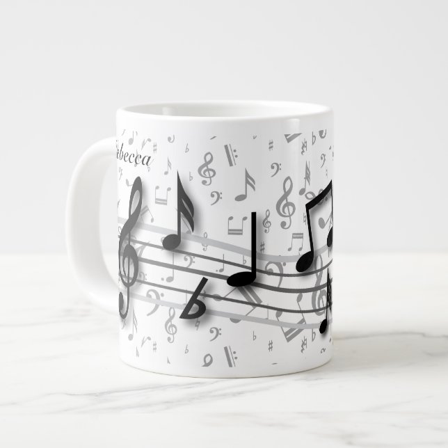 Personalized black and grey musical notes large coffee mug (Front Left)