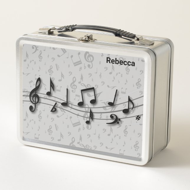 Personalized black and grey musical notes metal lunch box (Front)