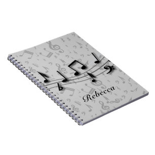 Personalized black and grey musical notes notebook