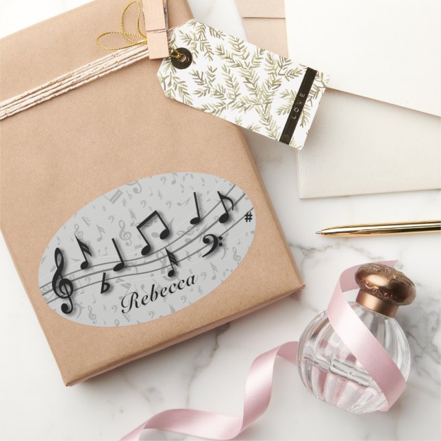 Personalized Black and Grey Musical Notes Oval Sticker (Gifting)
