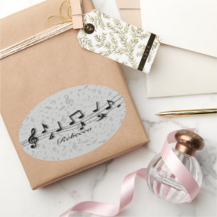 Personalized Black and Grey Musical Notes Oval Sticker