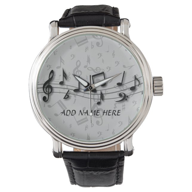Personalized Black and Grey Musical Notes Watch (Front)