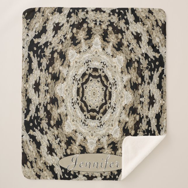 Personalized Black and Ivory Floral Mandala Sherpa Blanket (Front)