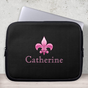 Personalized Black and Pink Fleur De Lis Laptop Sleeve