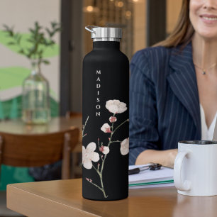 Personalized Black And Pink Floral Water Bottle