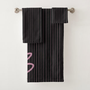 Personalized black and pink striped bath towel set