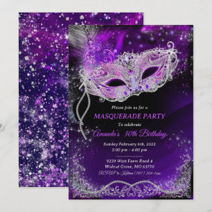 Personalized Black and Purple Birthday Masquerade  Invitation