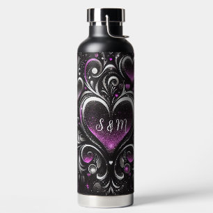 Personalized Black and purple glitter hearts Water Bottle