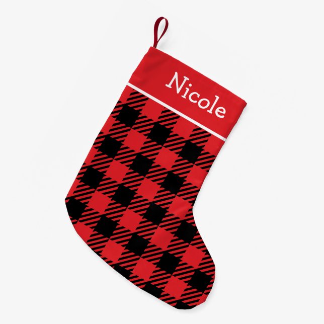 Personalized Black and Red Buffalo Plaid Small Christmas Stocking (Front (Hanging))