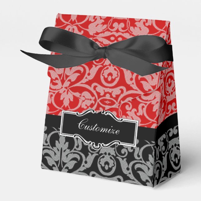Personalized Black and Red Damask Tent Favour Box (Front Side)