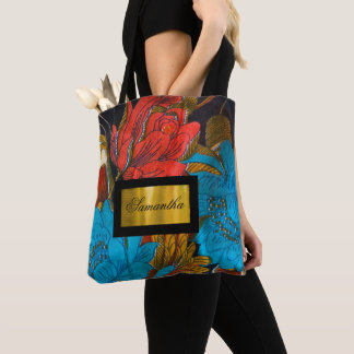 Personalized Black and red floral pattern tote bag