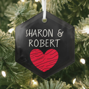 Personalized Black and Red Heart Couple Glass Ornament