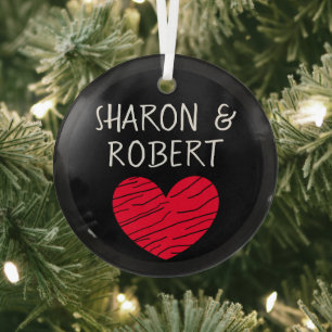Personalized Black and Red Heart Couple Glass Ornament