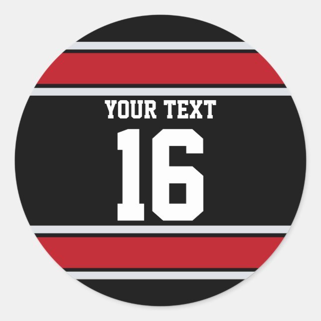 Personalized Black and Red Sports Stripes Classic Round Sticker (Front)