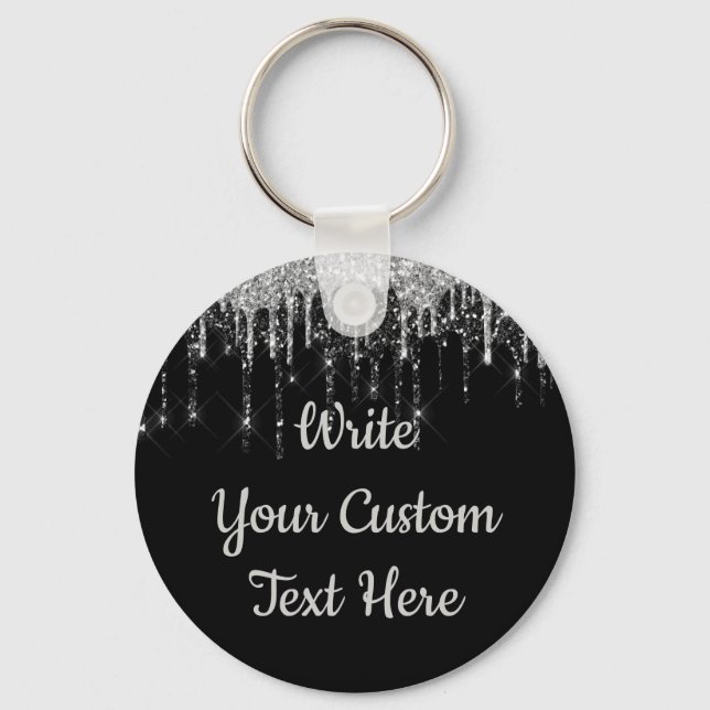 Personalized Black and Silver Glitter Drip Custom  Keychain (Front)