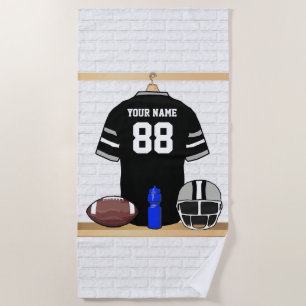 Personalized Black and Silver Grey Football Jersey Beach Towel