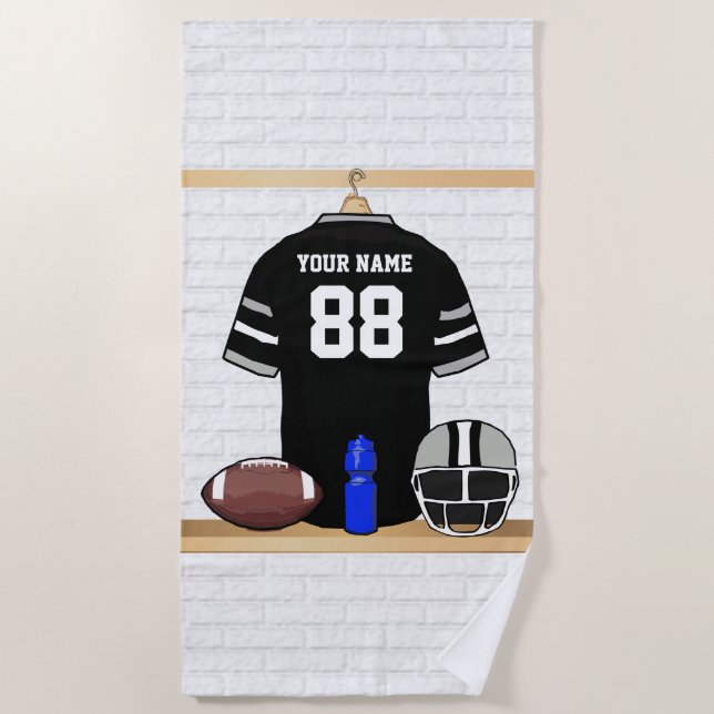 Personalized Black and Silver Grey Football Jersey Beach Towel (Front)