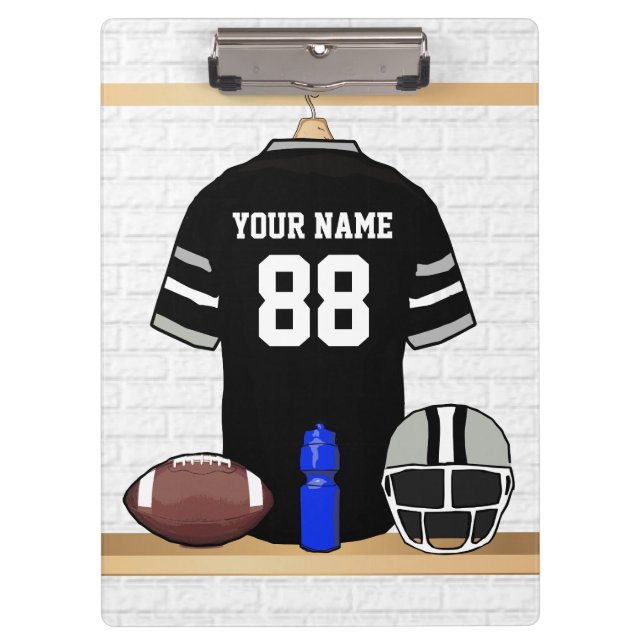 Personalized Black and Silver Grey Football Jersey Clipboard (Front)