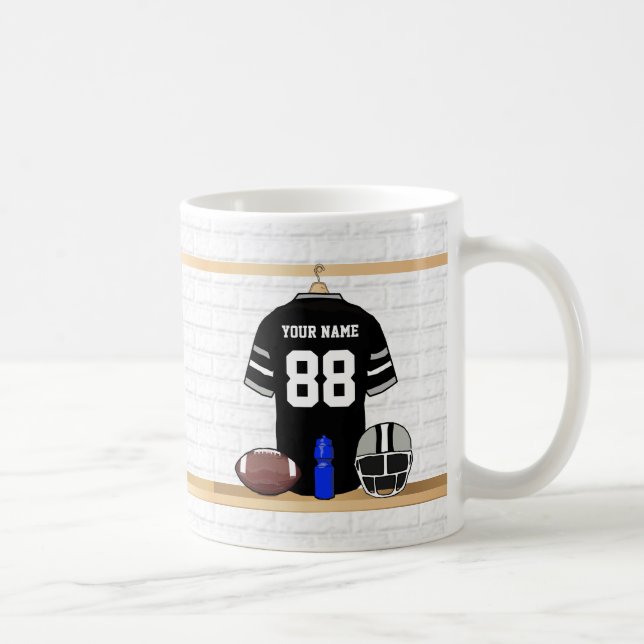 Personalized Black and Silver Grey Football Jersey Coffee Mug (Right)