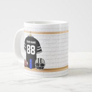 Personalized Black and Silver Grey Football Jersey Large Coffee Mug
