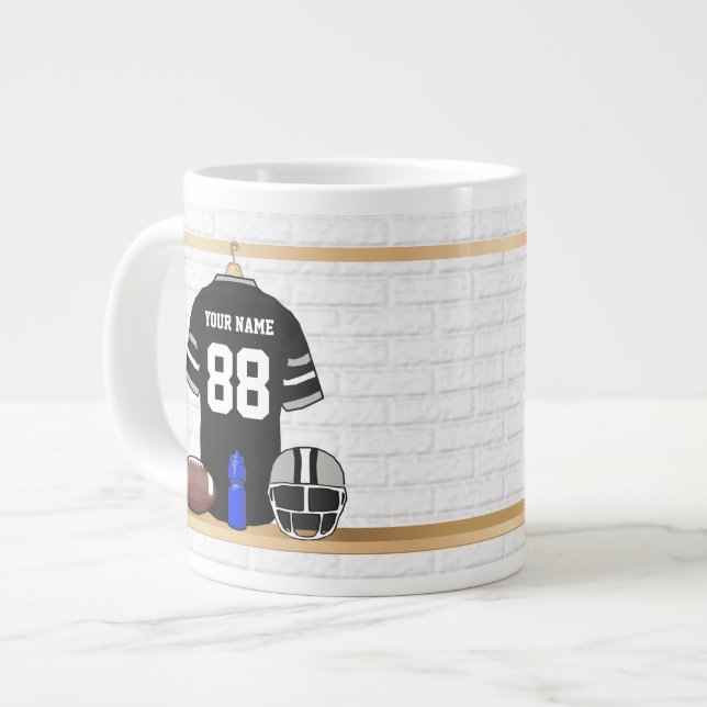 Personalized Black and Silver Grey Football Jersey Large Coffee Mug (Front Left)