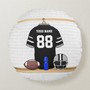 Personalized Black and Silver Grey Football Jersey Round Pillow