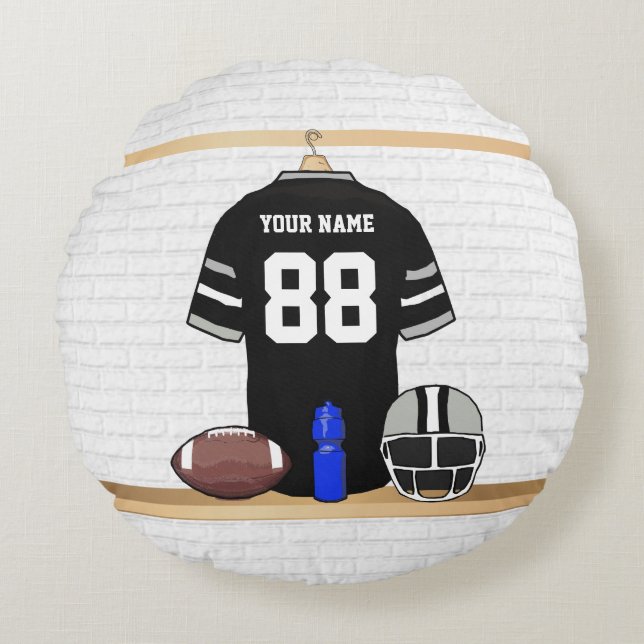 Personalized Black and Silver Grey Football Jersey Round Pillow (Front)