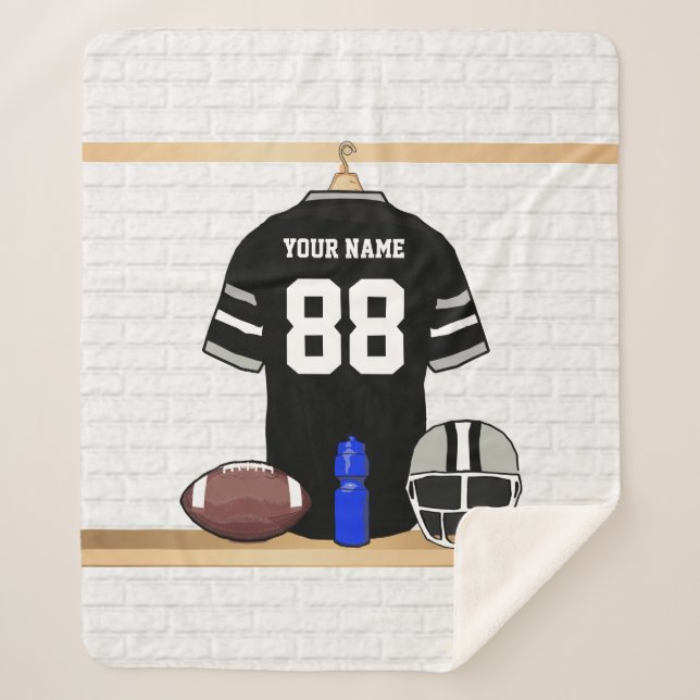 Personalized Black and Silver Grey Football Jersey Sherpa Blanket (Front)