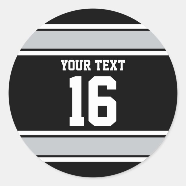Personalized Black and Silver Sports Stripes Classic Round Sticker (Front)