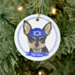 Personalized Black and Tan Chihuahua Yarmulke Ceramic Ornament<br><div class="desc">Celebrate your favourite mensch on a bench with personalized ornament! This design features a sweet illustration of a black and tan applehead chihuahua dog with a blue and white yarmulke. For the most thoughtful gifts, pair it with another item from my collection! To see more work and learn about this...</div>