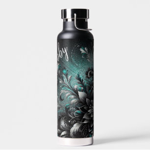 Personalized Black and Teal glitter flowers Water Bottle
