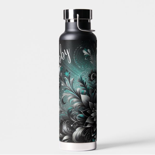 Personalized Black and Teal glitter flowers Water Bottle (Left)