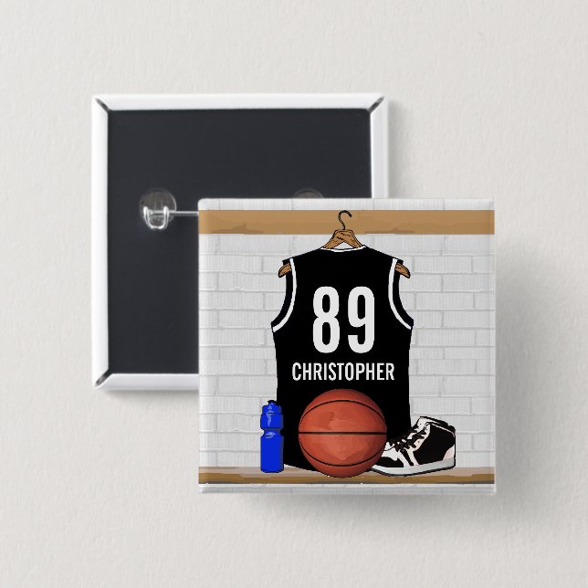 Personalized Black and White Basketball Jersey 2 Inch Square Button (Front & Back)