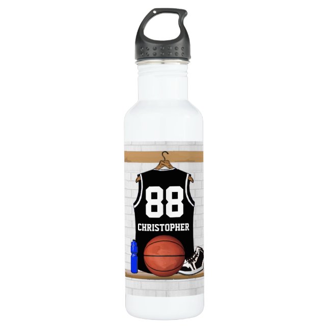 Personalized Black and White Basketball Jersey 710 Ml Water Bottle (Front)