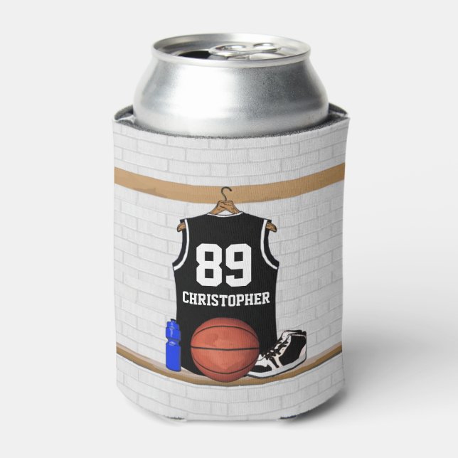 Personalized Black and White Basketball Jersey Can Cooler (Can Front)