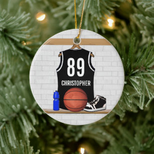 Personalized Black and White Basketball Jersey Ceramic Ornament