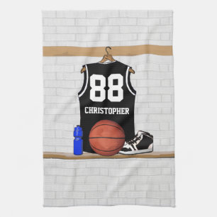 Personalized Black and White Basketball Jersey Kitchen Towel