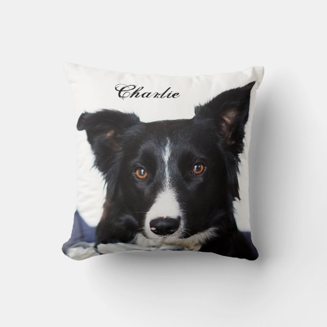 Personalized Black and White Border Collie Throw Pillow (Front)