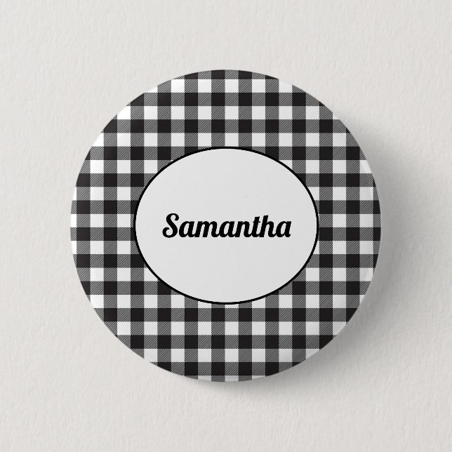 Personalized Black and White Buffalo Plaid 2 Inch Round Button (Front)