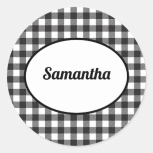 Personalized Black and White Buffalo Plaid Classic Round Sticker