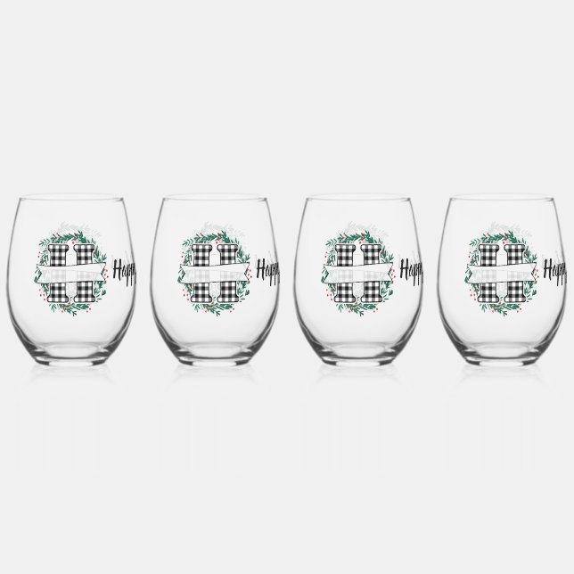 Personalized Black And White Buffalo Plaid (H) Stemless Wine Glass (Front)