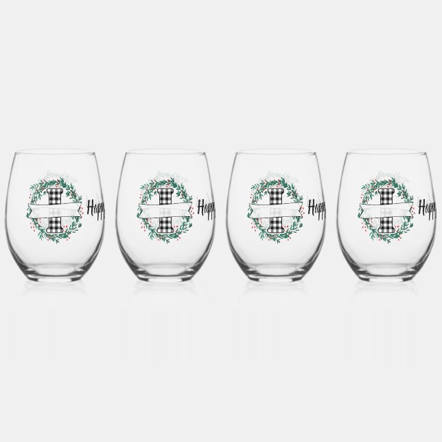Personalized Black And White Buffalo Plaid (I) Stemless Wine Glass (Front)