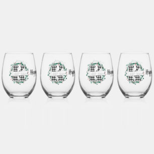 Personalized Black And White Buffalo Plaid (K) Stemless Wine Glass